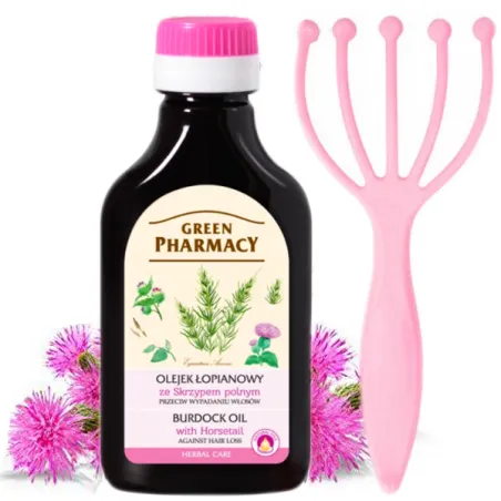 Green Pharmacy olejek łopianowy ze skrzypem polnym na wypadanie włosów 100ml + Masażer ZESTAW