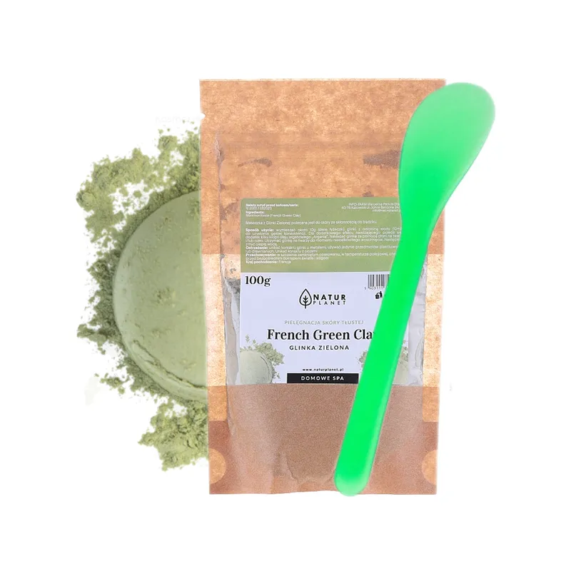 Glinka Zielona na trądzik na twarz naturalna w proszku maseczka + szpatułka do nakładania  100 g Zestaw