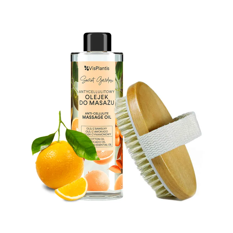 Szczotka do masażu na sucho antycellulitowa na cellulit masażer + OLEJEK pomarańczowy