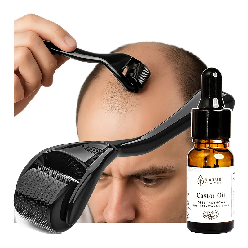 DERMA ROLLER do włosów na porost włosów zakola łysienie 0,5mm + OLEJEK na porost rycynowy zestaw Deniro