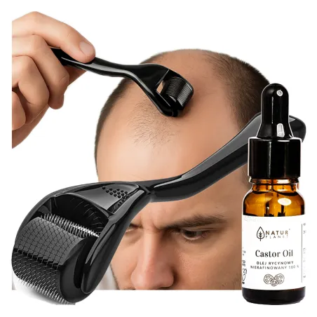 DERMA ROLLER do włosów na porost włosów zakola łysienie 0,5mm + OLEJEK na porost rycynowy zestaw Deniro