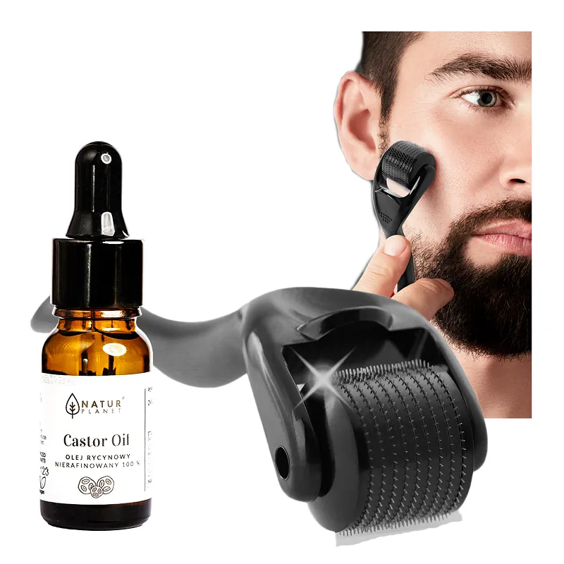 DERMA ROLLER do brody na porost twarzy wałek na zagęszczenie 0,5mm + OLEJEK zestaw Deniro