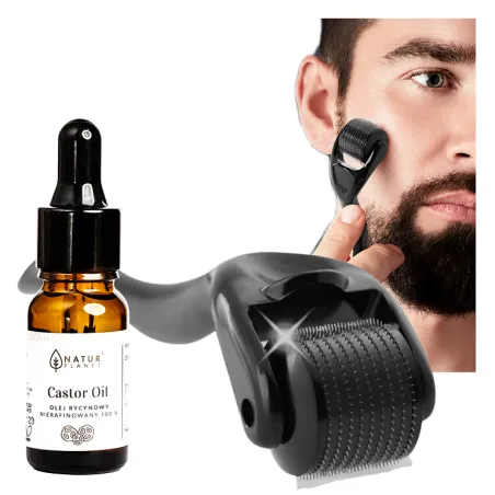 DERMA ROLLER do brody na porost twarzy wałek na zagęszczenie 0,5mm + OLEJEK zestaw Deniro