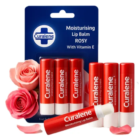 Curalene pomadka balsam ochronna do ust z witaminą E mocno nawilżająca suche popękane na LATO ZIMĘ różana 3 sztuki zestaw