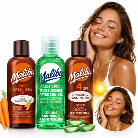 Malibu olejek do opalania przyspieszający opalanie brązujący przyśpieszacz opalania po opalaniu żel aloesowy ZESTAW