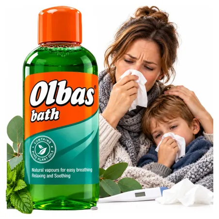Olbas Olejek do robienia piany w wannie kąpieli na przeziebienie katar gorączkę zatoki rozgrzewający ziołowy 250ml