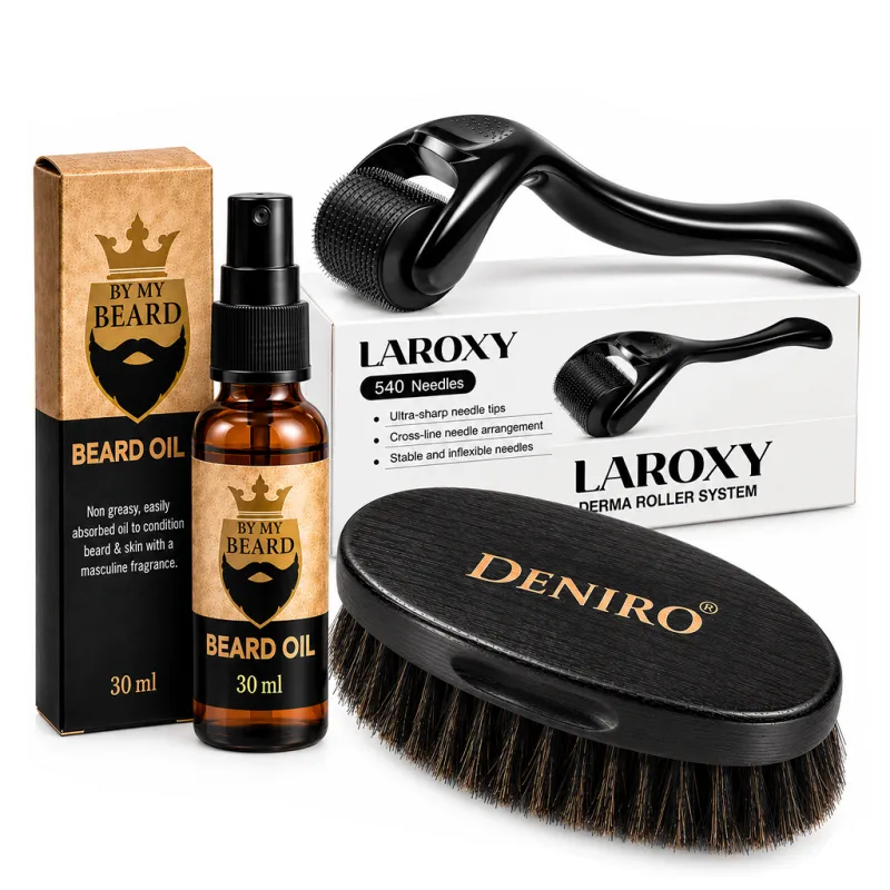 Derma Roller do Brody 0,5 mm na Zagęszczenie Zarostu + Olejek + Kartacz