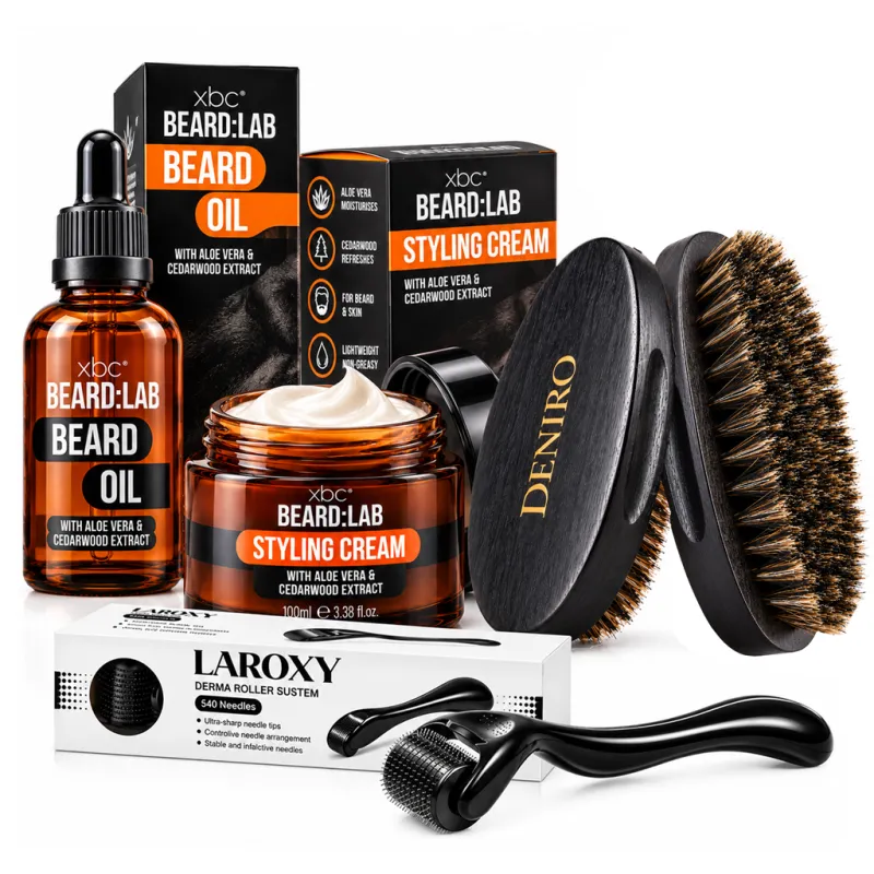 DERMA ROLLER do brody na porost zagęszczenie + Kartacz + Olejek + Balsam Deniro